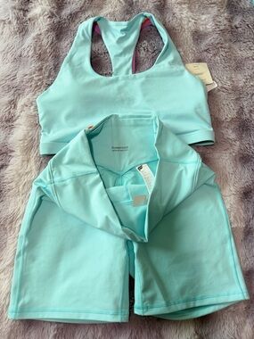Fabletics PowerHold Mint blue and pink stripes Athletic Shorts Set